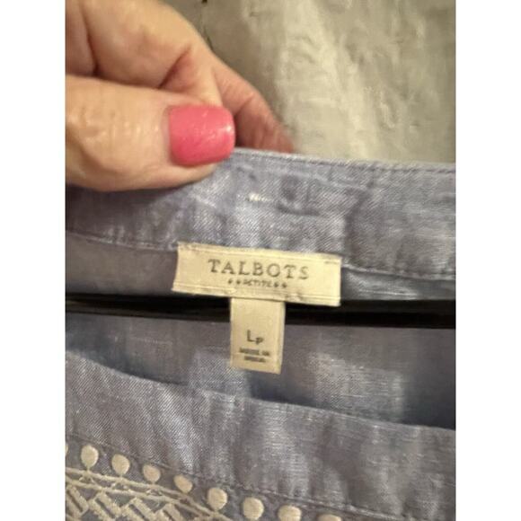 Talbots Blue Square Neck Linen Blend Peasant Top Embroidered Sz LP - Picture 3 of 5